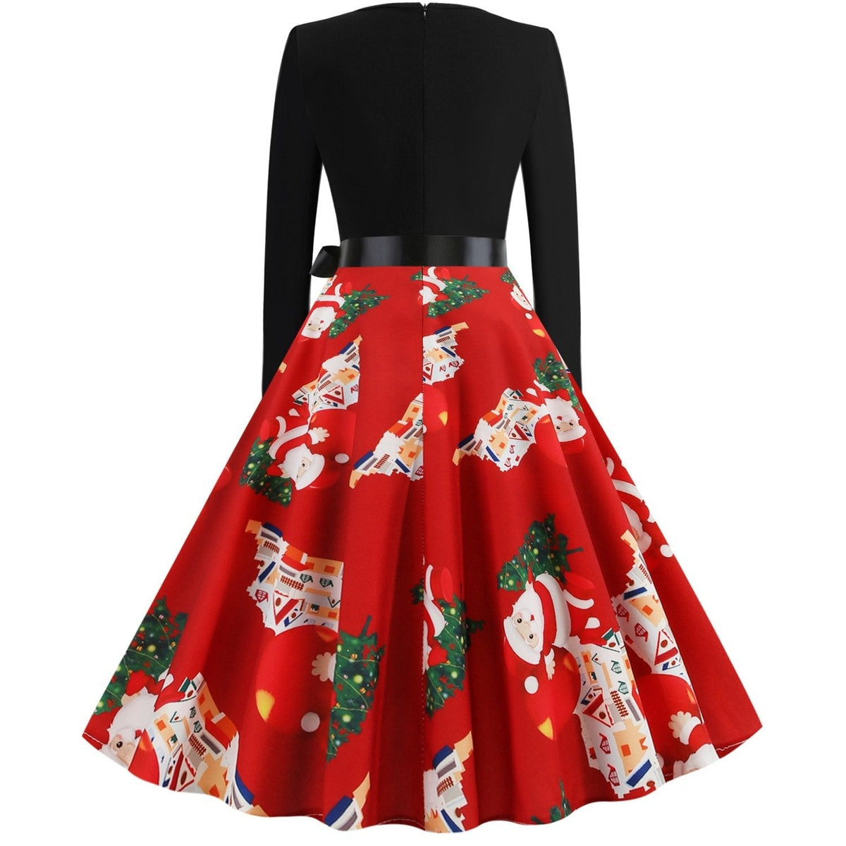 Women's Christmas swing dress with black bodice, bow belt and festive print