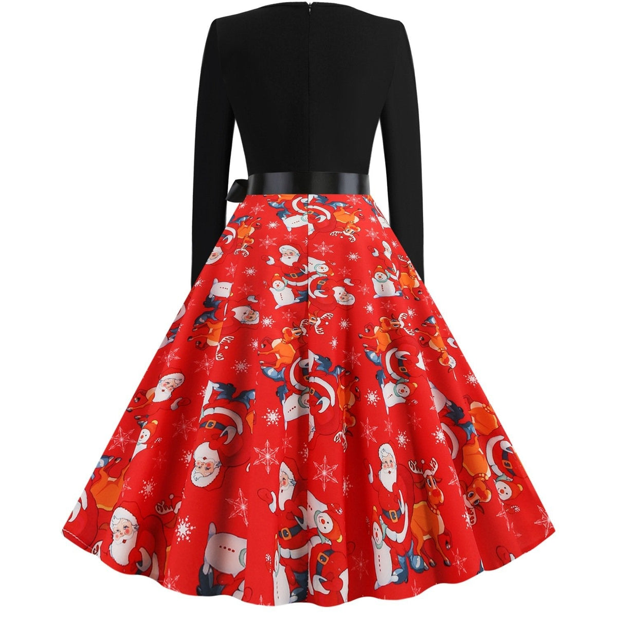 Women's Christmas swing dress with black bodice, bow belt and festive print