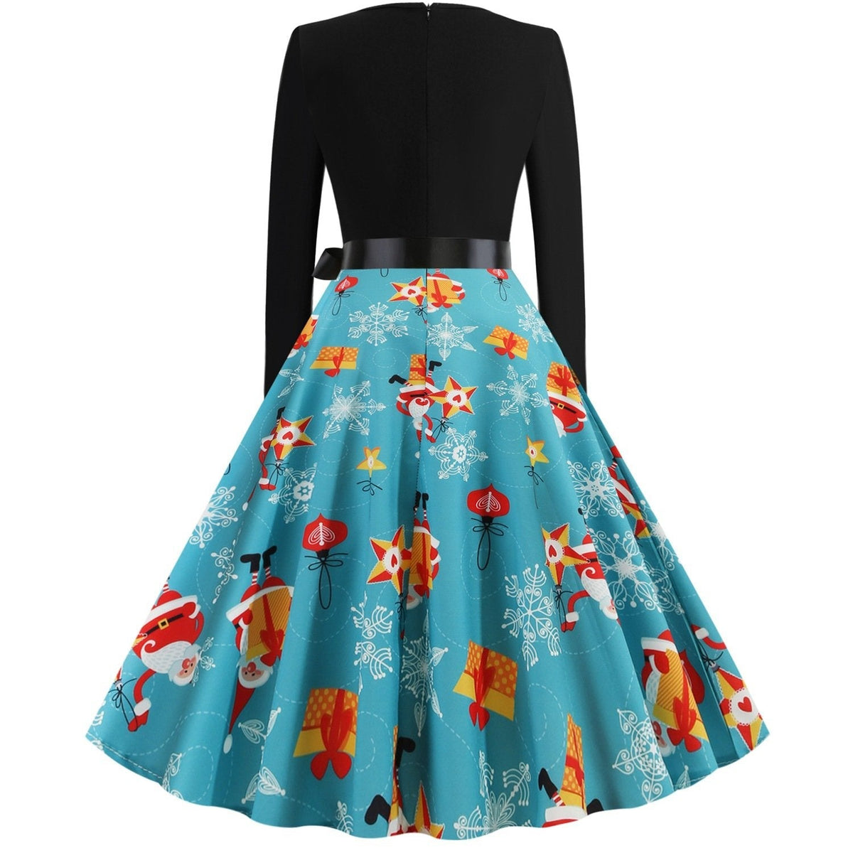 Women's Christmas swing dress with black bodice, bow belt and festive print