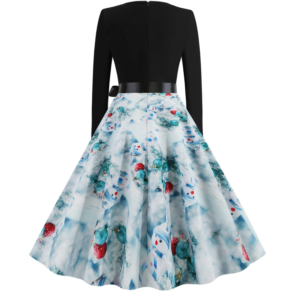 Women's Christmas swing dress with black bodice, bow belt and festive print