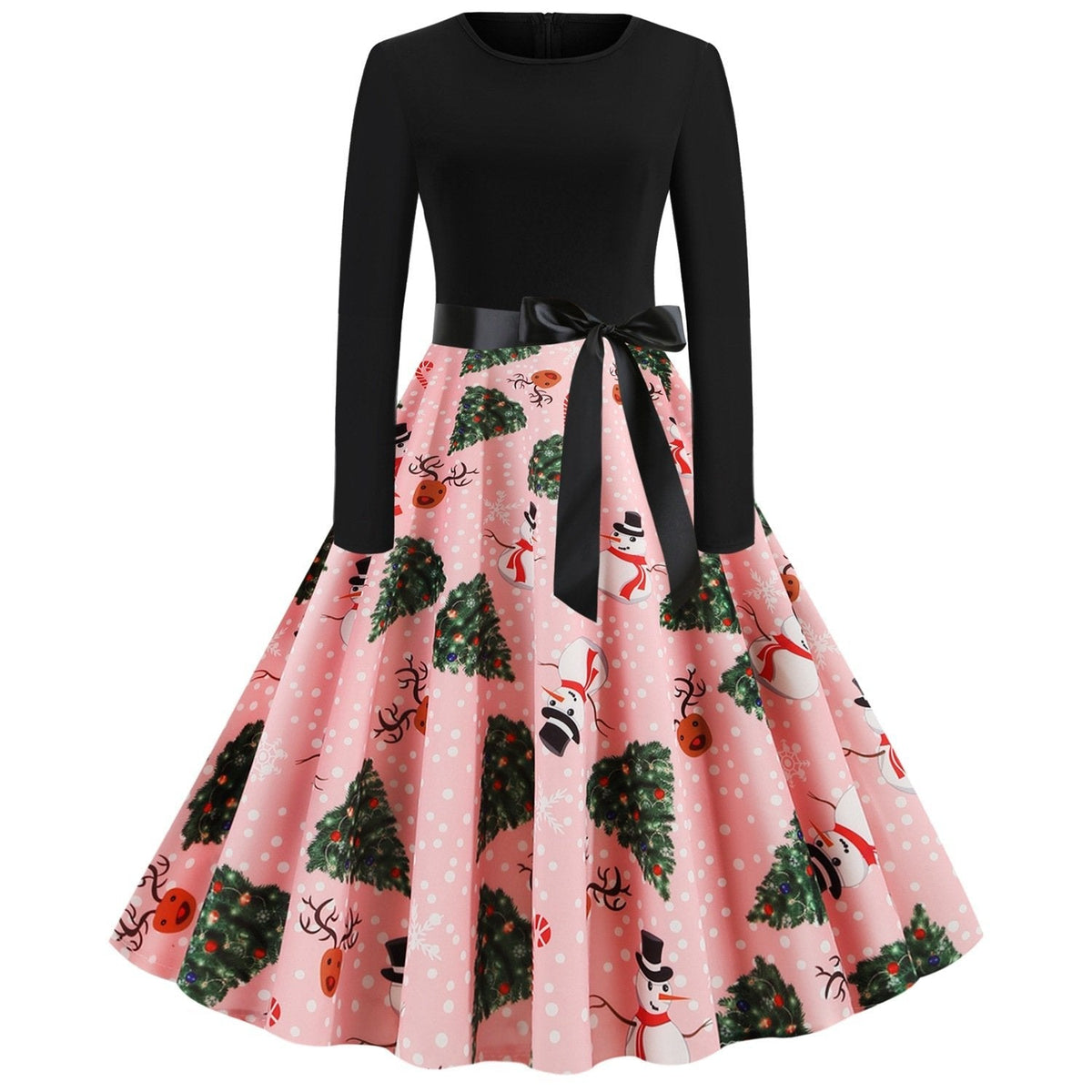 Women's Christmas swing dress with black bodice, bow belt and festive print - pink christmas tree