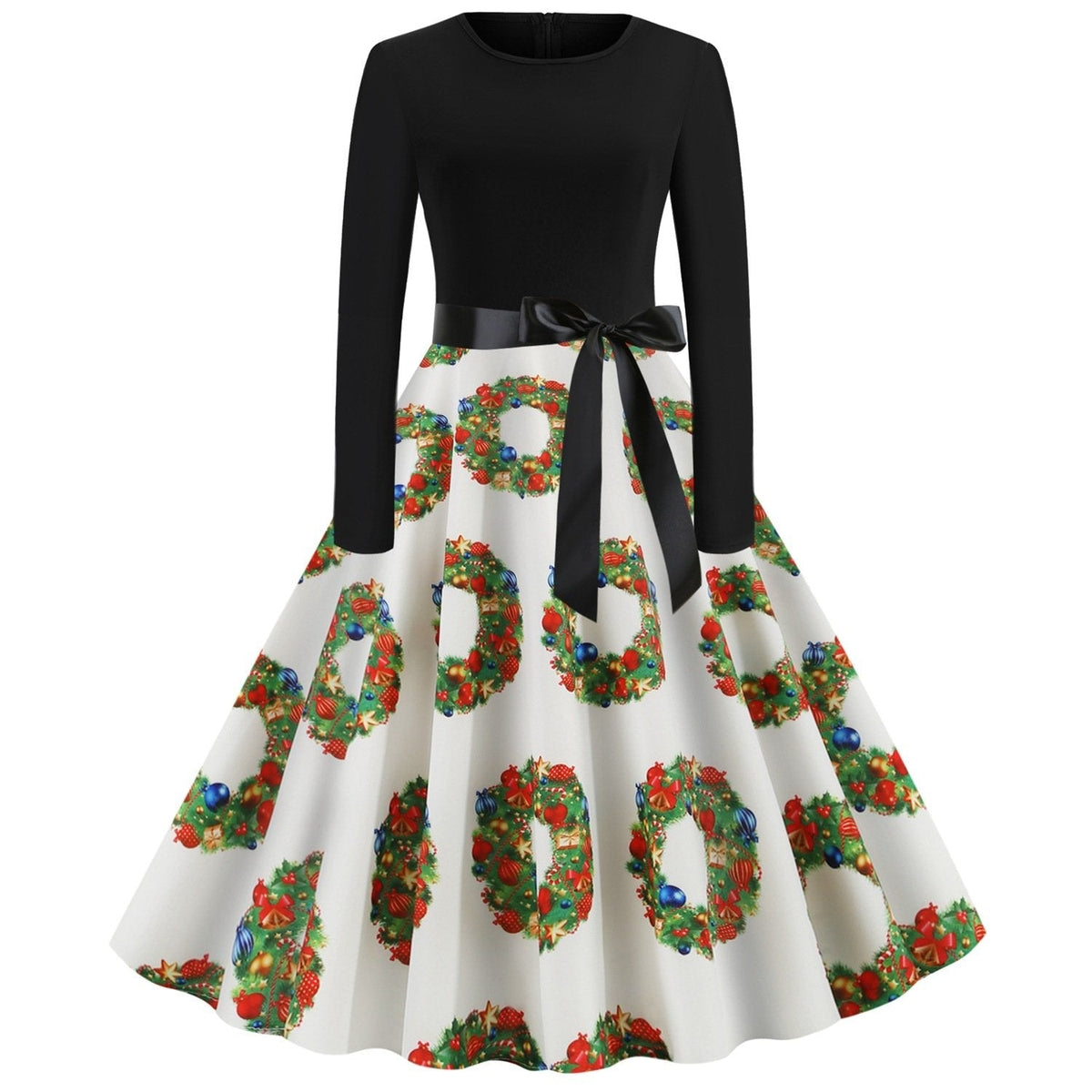 Women's Christmas swing dress with black bodice, bow belt and festive print - white wreath