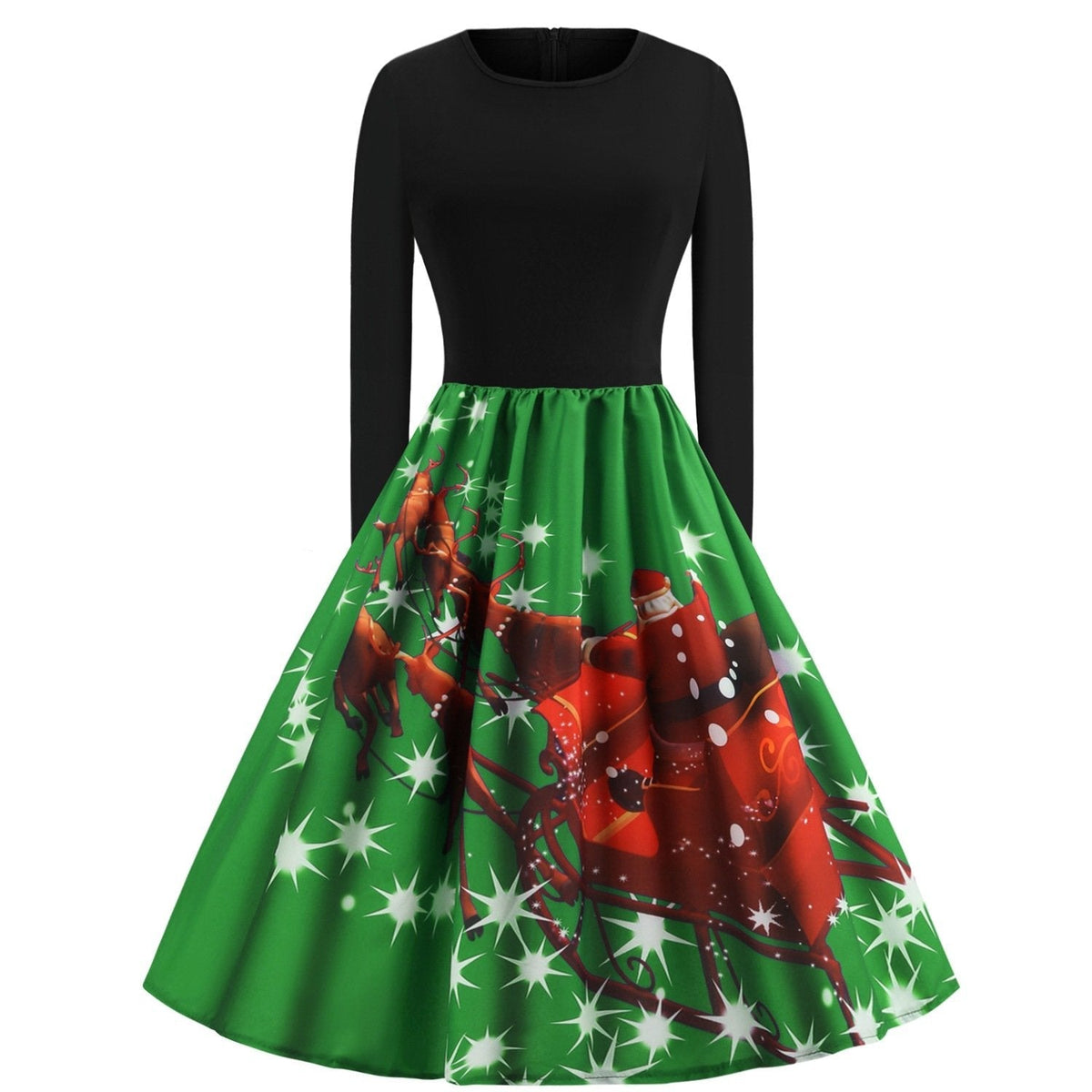 Women's Christmas swing dress with black bodice and Father Christmas sleigh print - green sleigh