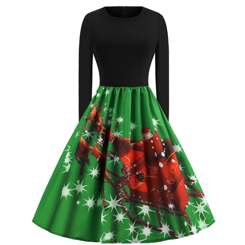 Women's Christmas swing dress with black bodice and Father Christmas sleigh print - green sleigh