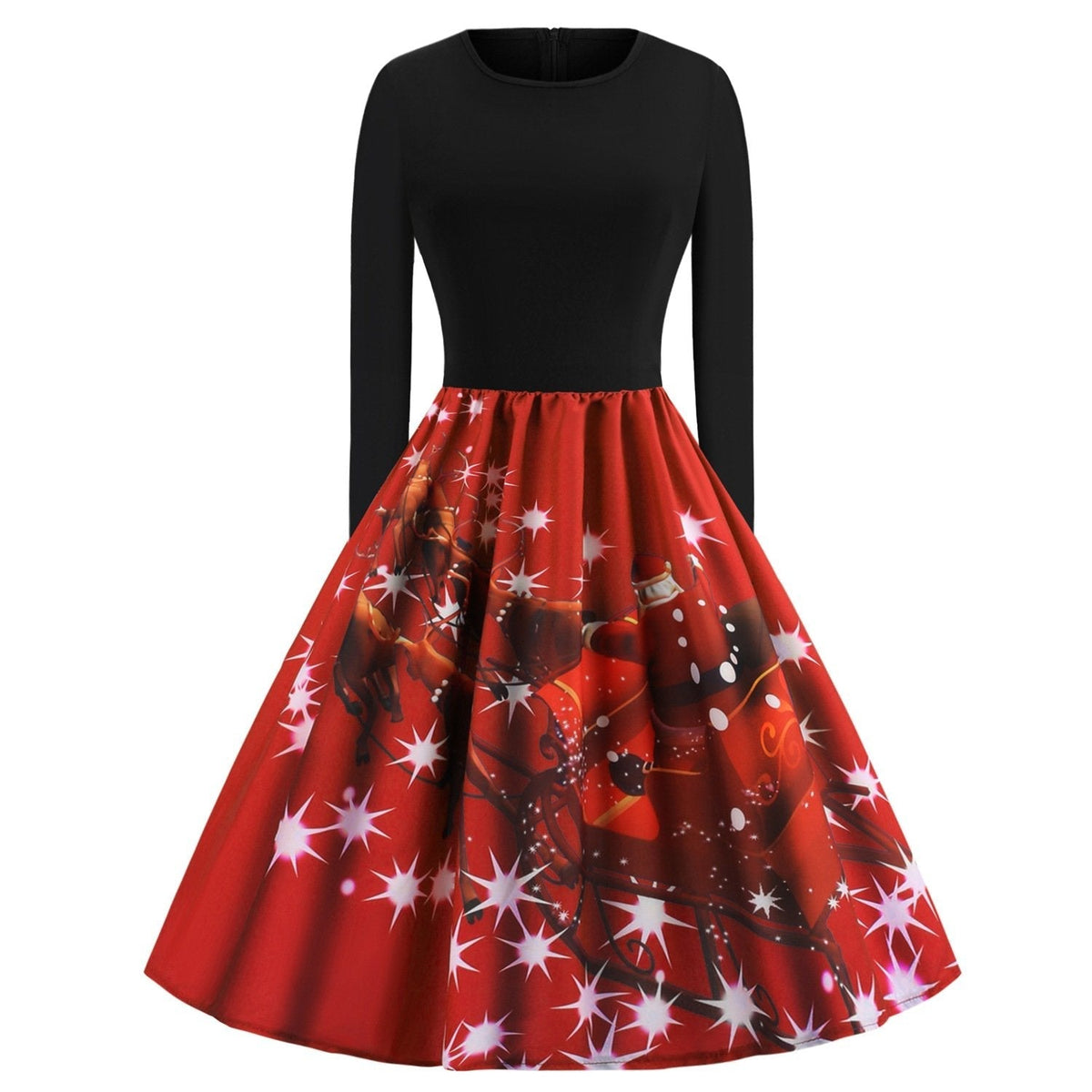 Women's Christmas swing dress with black bodice and Father Christmas sleigh print - red sleigh