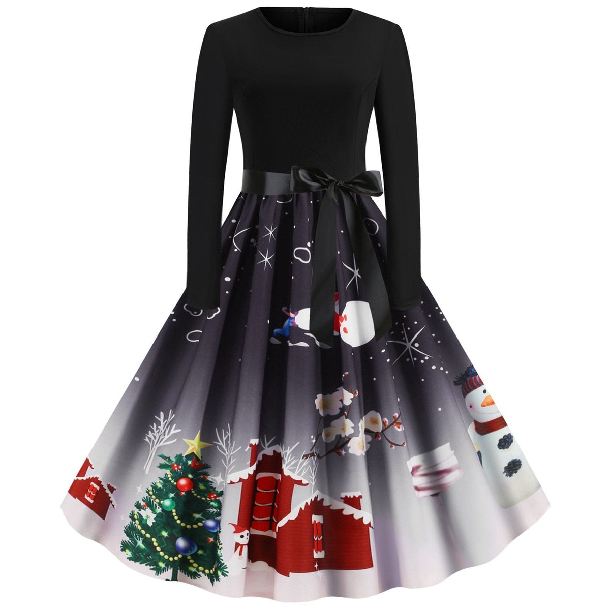 Women's Christmas swing dress with black bodice, bow and snowman print skirt - black snowman