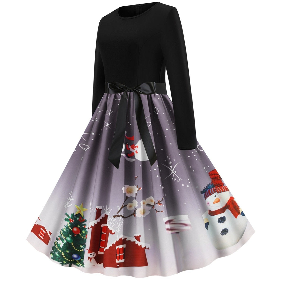 Women's Christmas swing dress with black bodice, bow and snowman print skirt