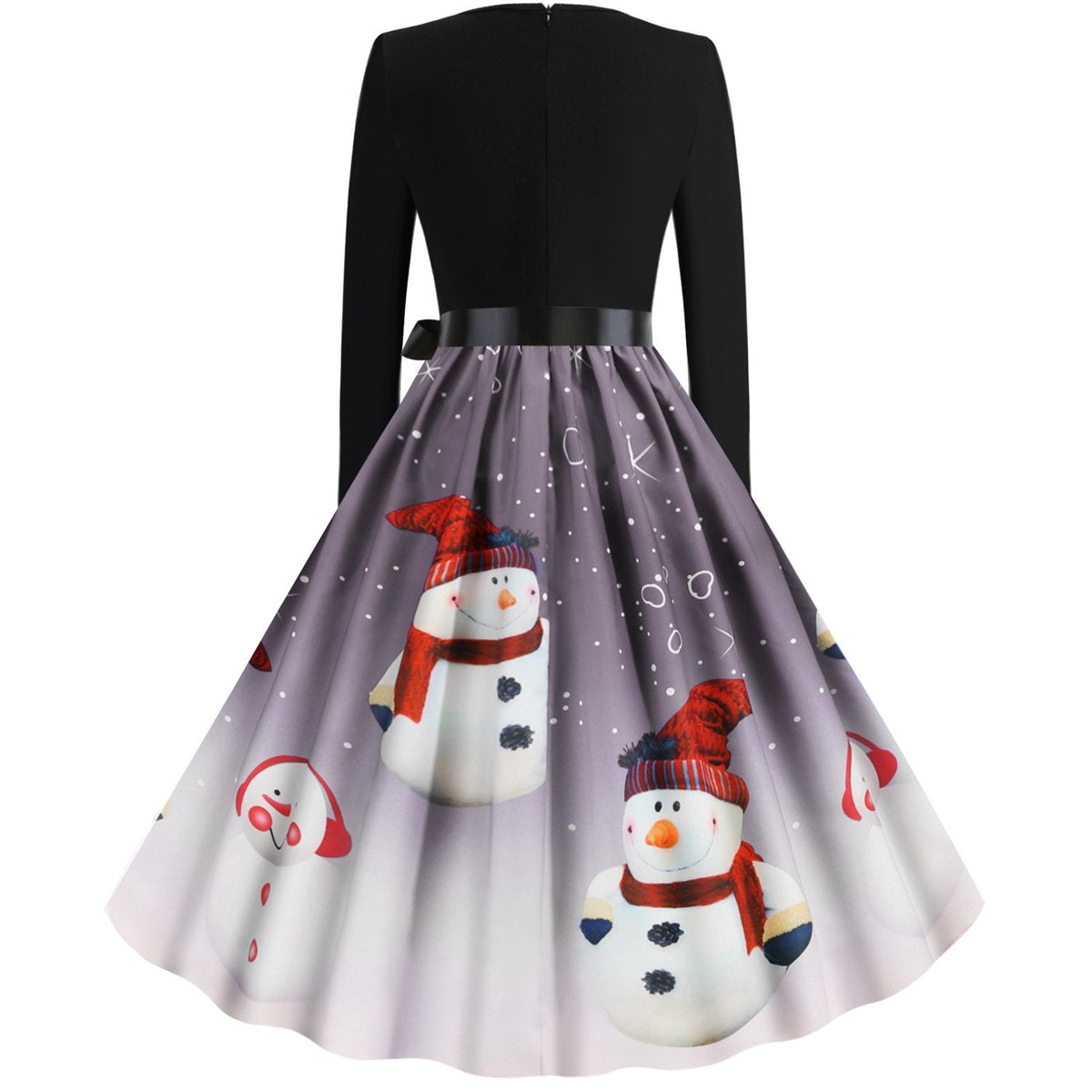 Women's Christmas swing dress with black bodice, bow and snowman print skirt