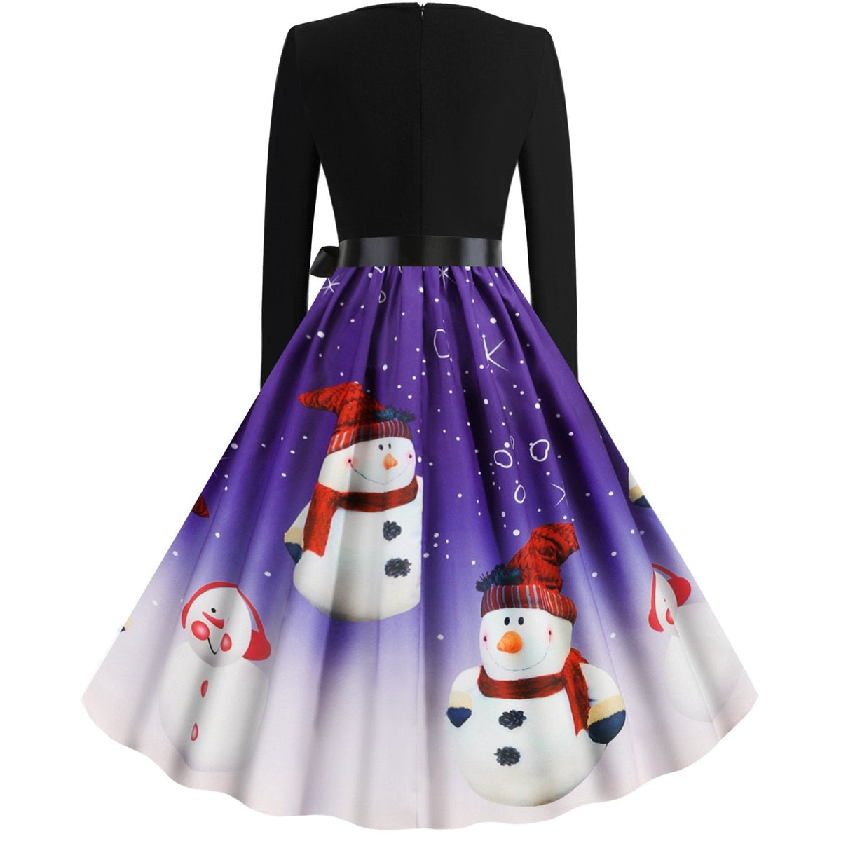 Women's Christmas swing dress with black bodice, bow and snowman print skirt