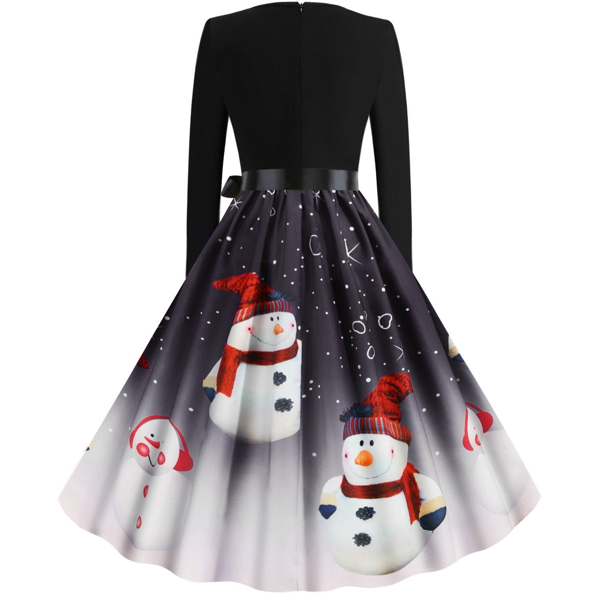 Women's Christmas swing dress with black bodice, bow and snowman print skirt