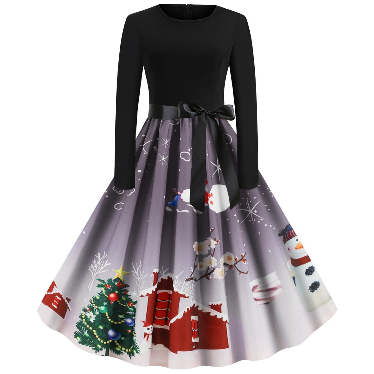 Women's Christmas swing dress with black bodice, bow and snowman print skirt