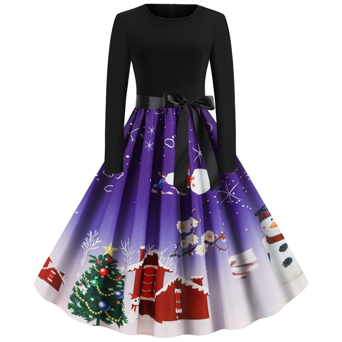 Women's Christmas swing dress with black bodice, bow and snowman print skirt