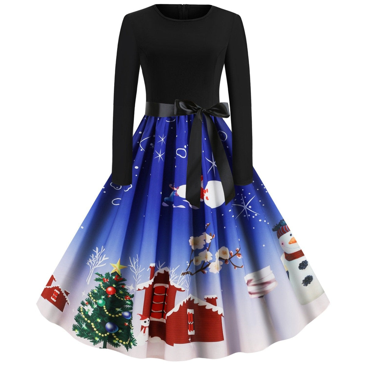 Women's Christmas swing dress with black bodice, bow and snowman print skirt - blue snowman