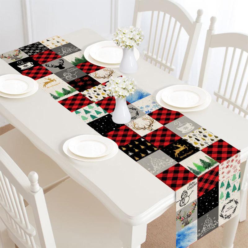 Christmas table runner, 30 x 180 cm, with a festive print on a laid table - patchwork with checks and trees