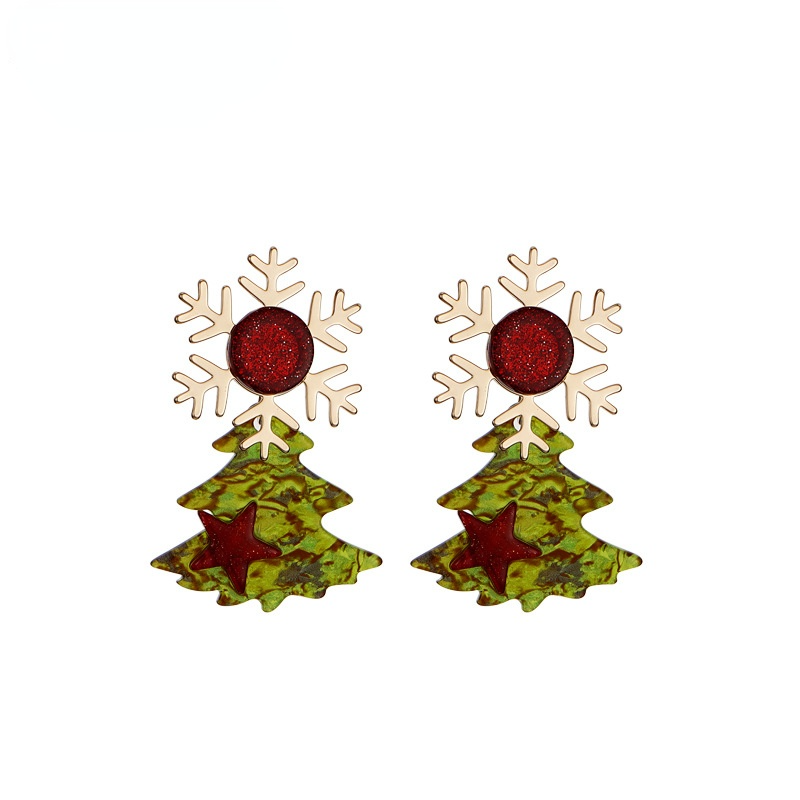 Christmas tree drop earrings with a gold-tone snowflake stud, red glitter and a green tree with star