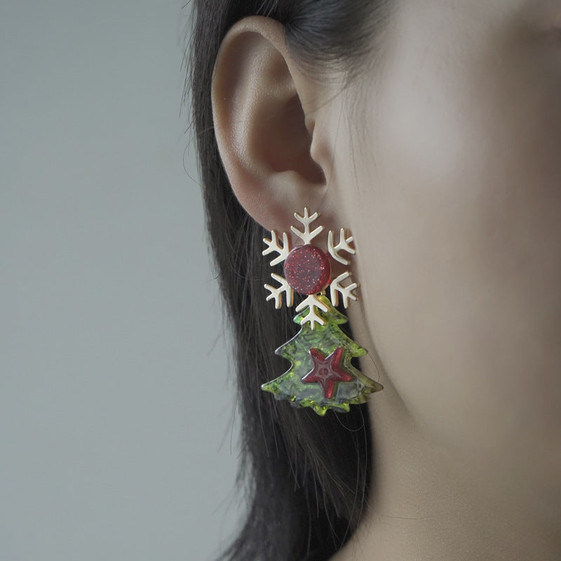 Christmas tree drop earrings with a gold-tone snowflake stud, red glitter and a green tree with star