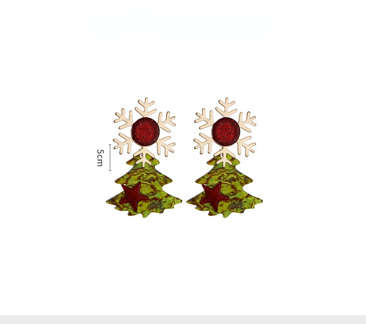 Christmas tree drop earrings with a gold-tone snowflake stud, red glitter and a green tree with star