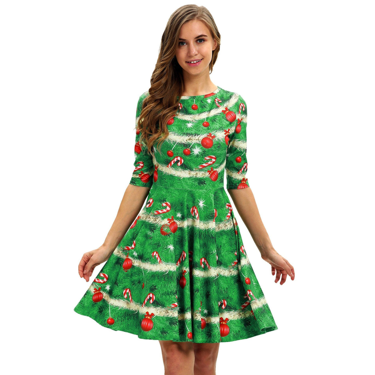 Women's Christmas tree print dress with elbow-length sleeves and full skirt - green bauble