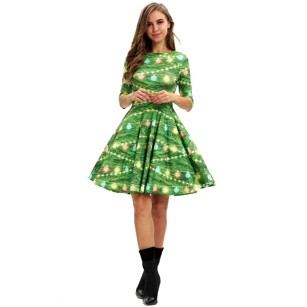 Women's Christmas tree print dress with elbow-length sleeves and full skirt