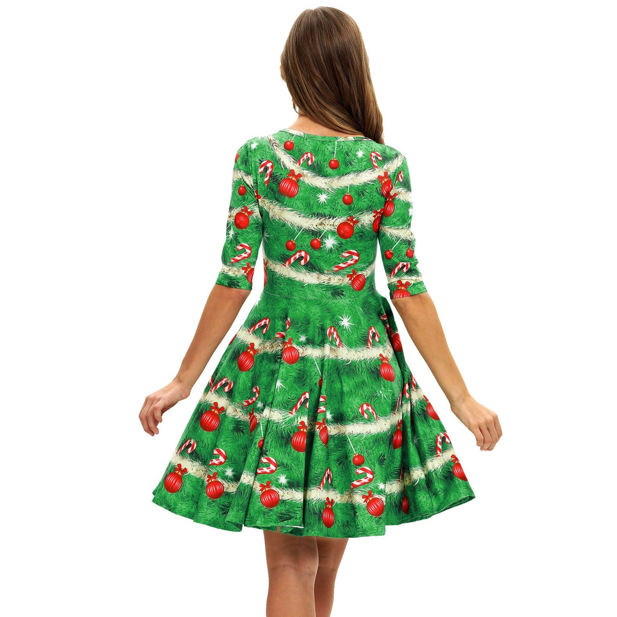 Women's Christmas tree print dress with elbow-length sleeves and full skirt