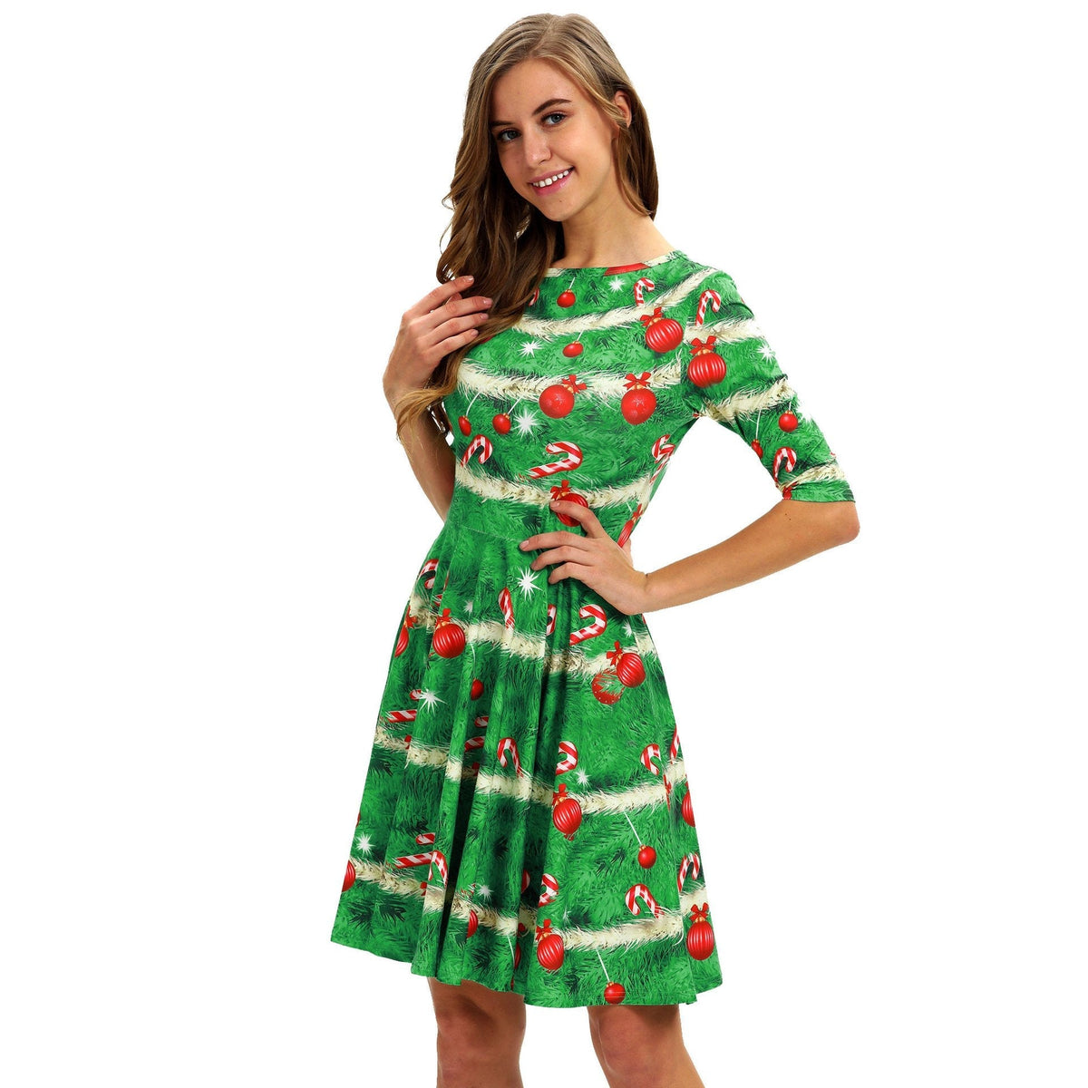 Women's Christmas tree print dress with elbow-length sleeves and full skirt