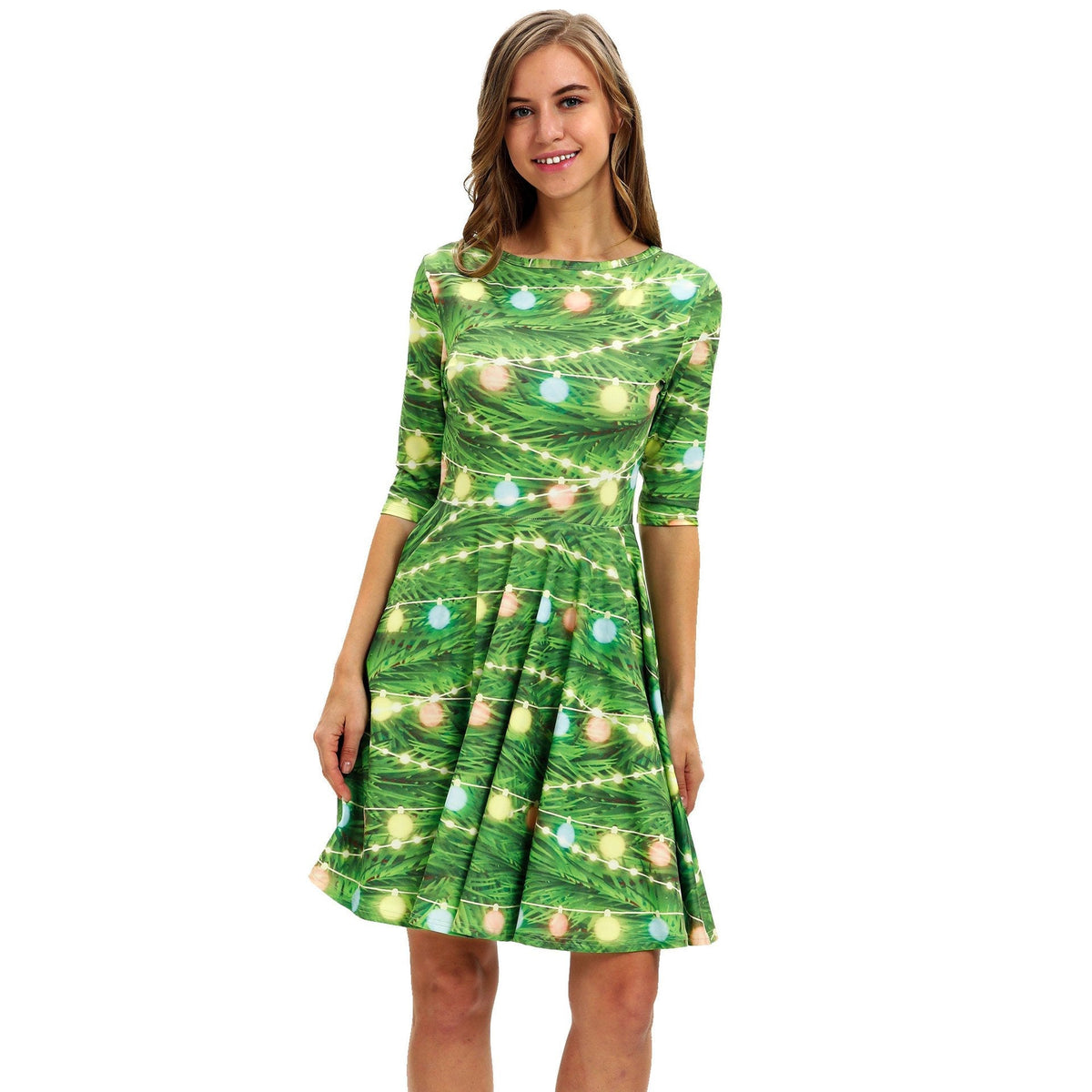 Women's Christmas tree print dress with elbow-length sleeves and full skirt - light green fairy light