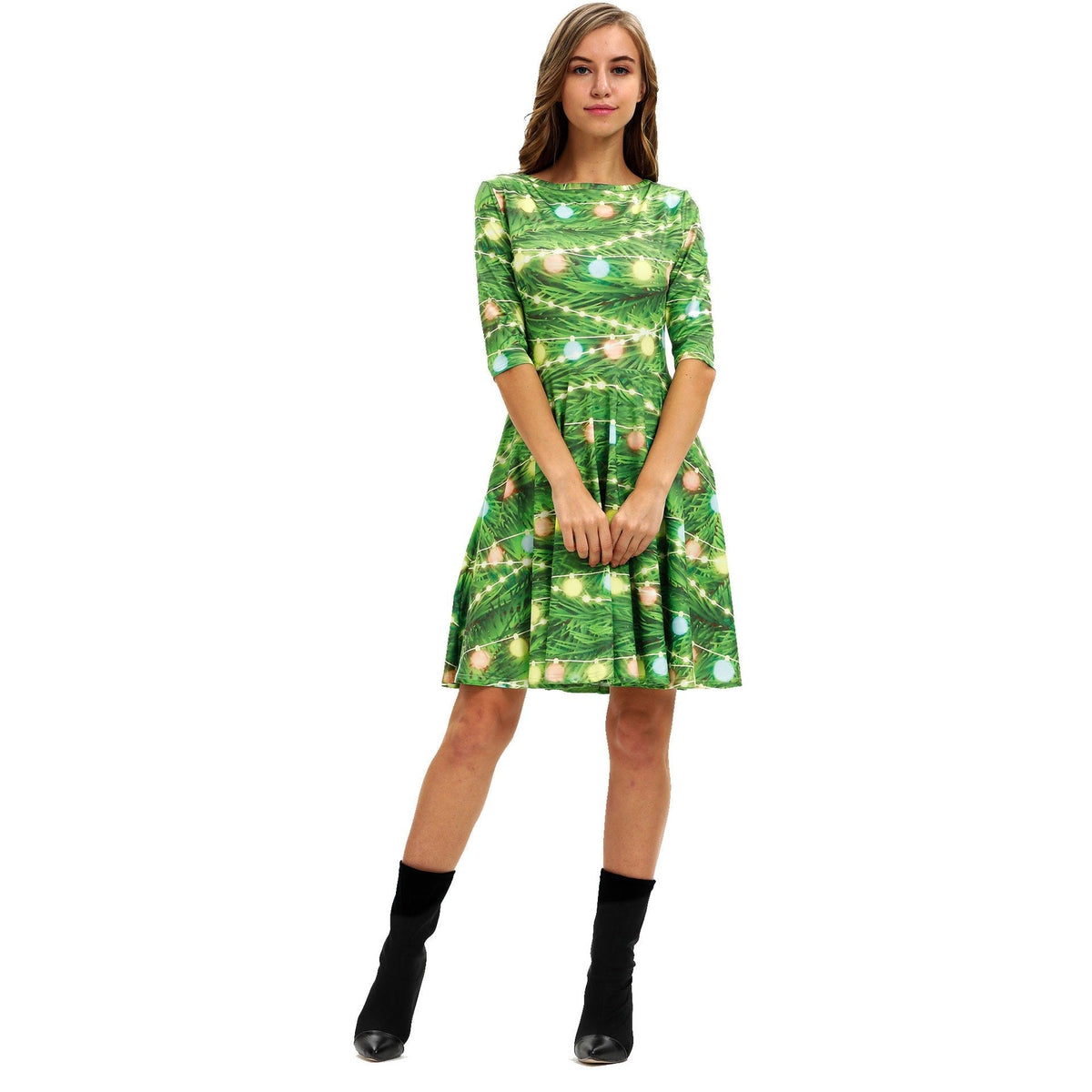 Women's Christmas tree print dress with elbow-length sleeves and full skirt