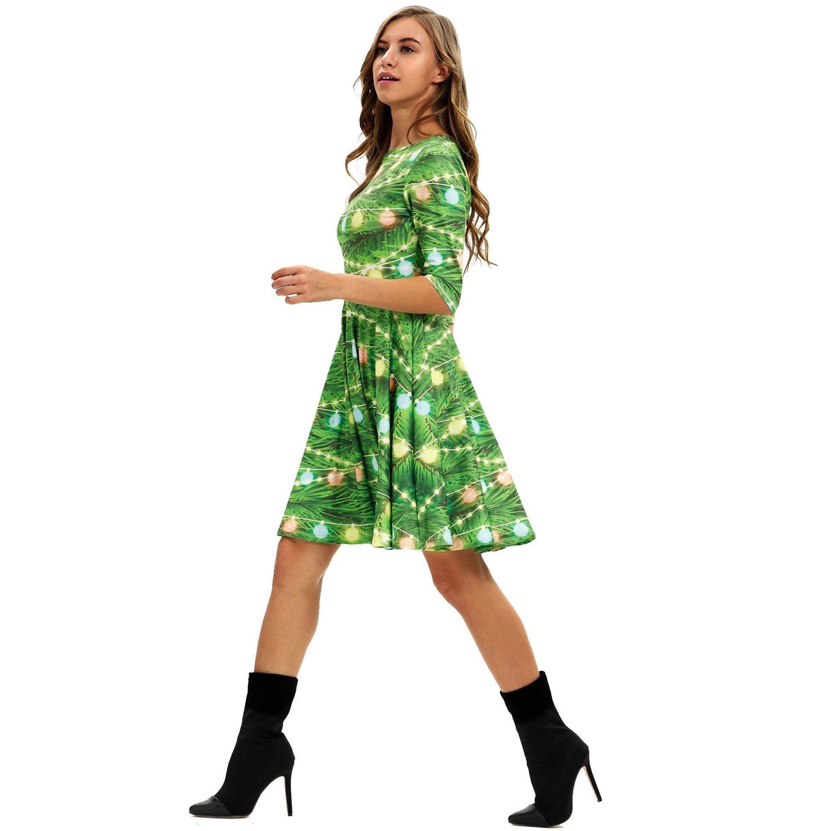 Women's Christmas tree print dress with elbow-length sleeves and full skirt