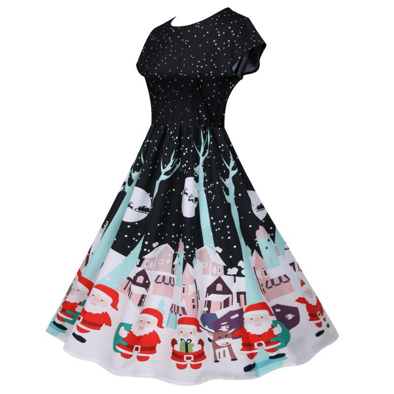 Women's short-sleeved Christmas swing dress with a Christmas village print