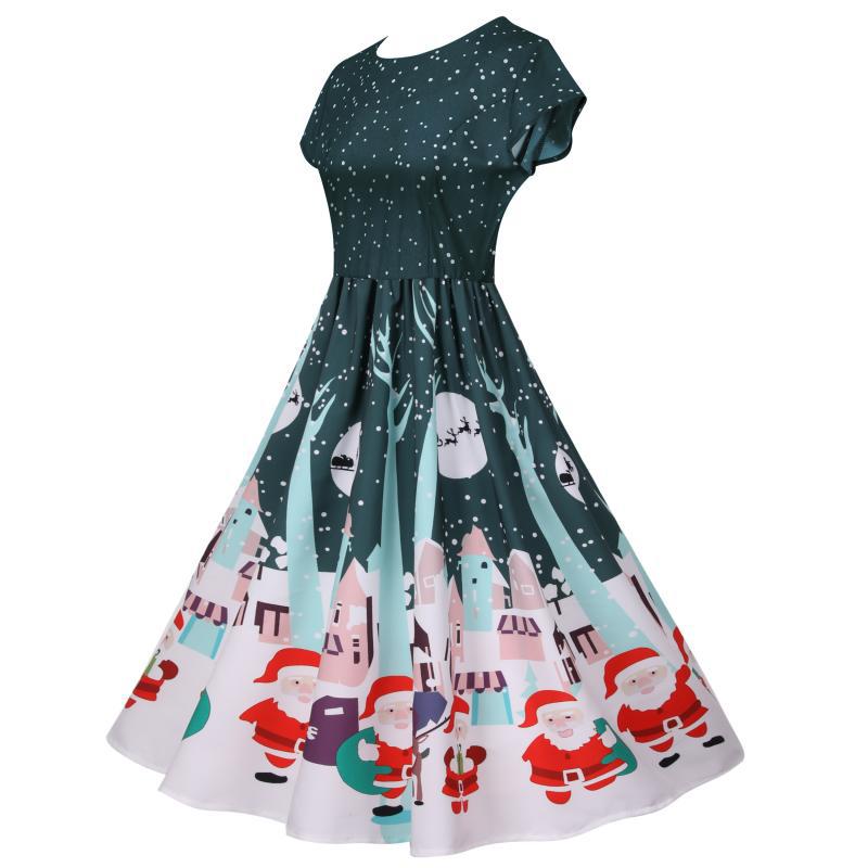 Women's short-sleeved Christmas swing dress with a Christmas village print