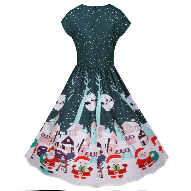 Women's short-sleeved Christmas swing dress with a Christmas village print