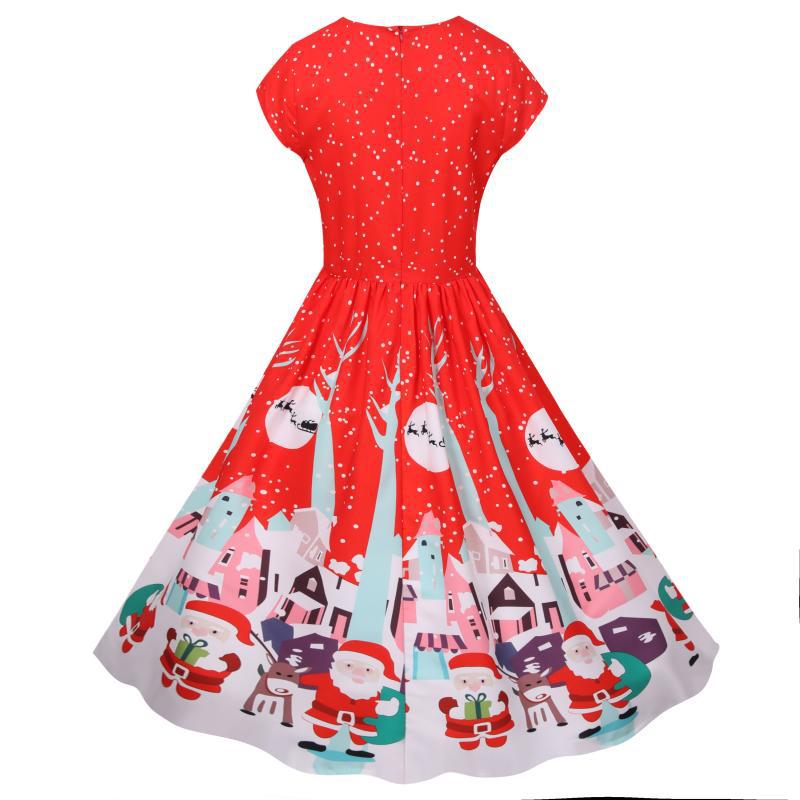 Women's short-sleeved Christmas swing dress with a Christmas village print
