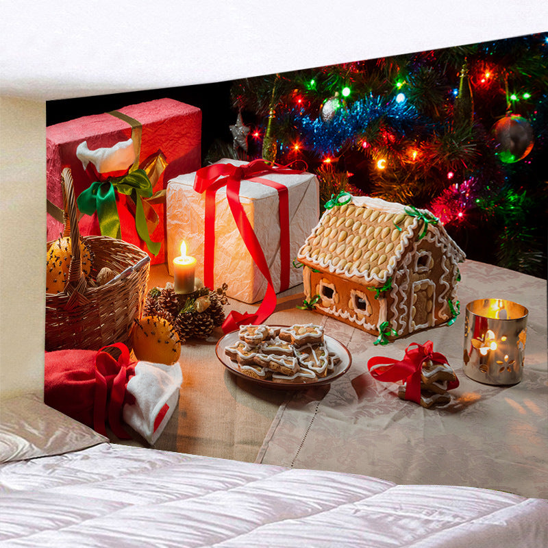 Christmas wall tapestry with a festive scene hanging on the wall