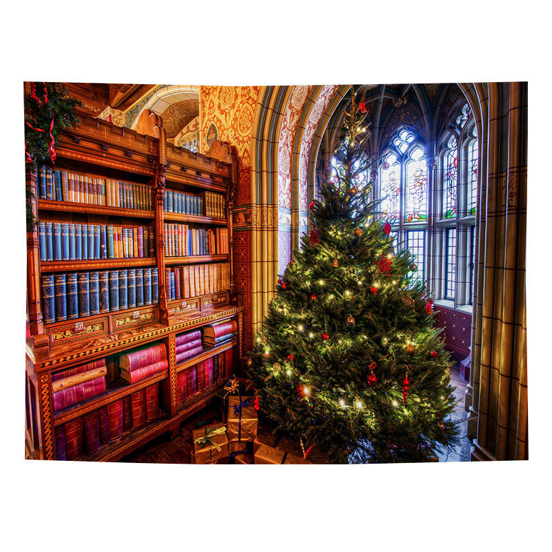 Christmas wall tapestry with a festive scene hanging on the wall - library with christmas tree