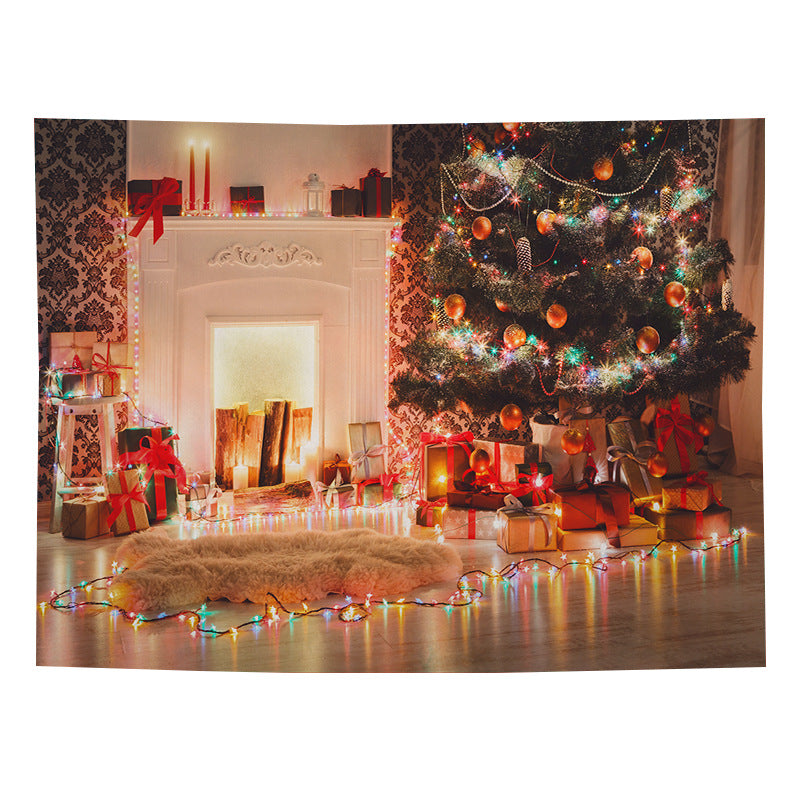 Christmas wall tapestry with a festive scene hanging on the wall - mantel with lights