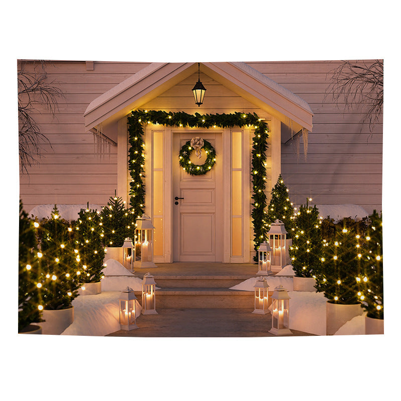 Christmas wall tapestry with a festive scene hanging on the wall - porch with wreath
