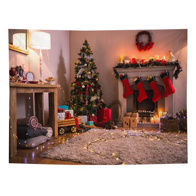 Christmas wall tapestry with a festive scene hanging on the wall - stockings on the mantel