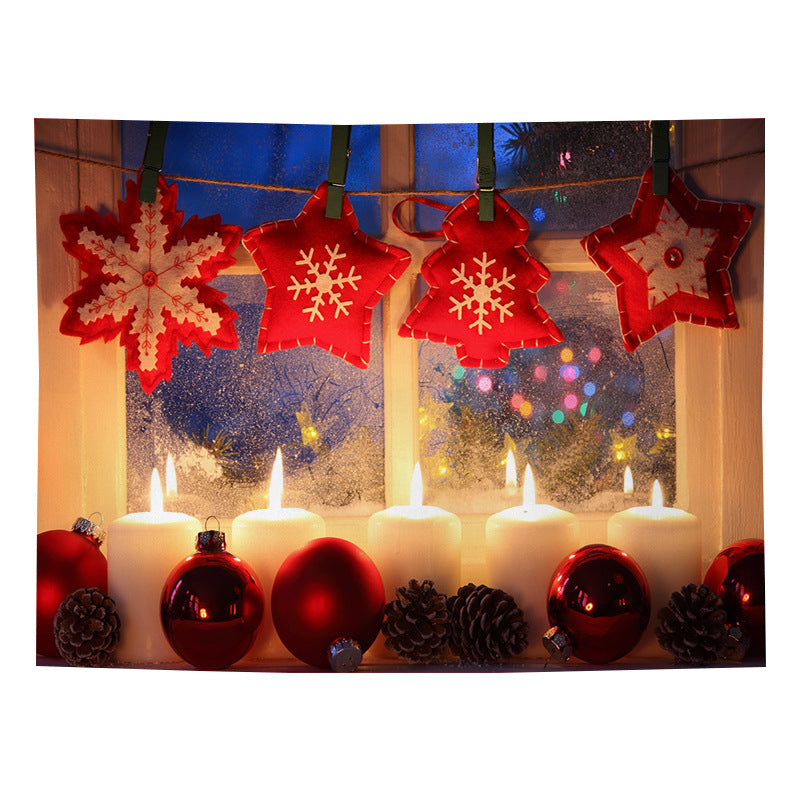 Christmas wall tapestry with a festive scene hanging on the wall - red stars and candles