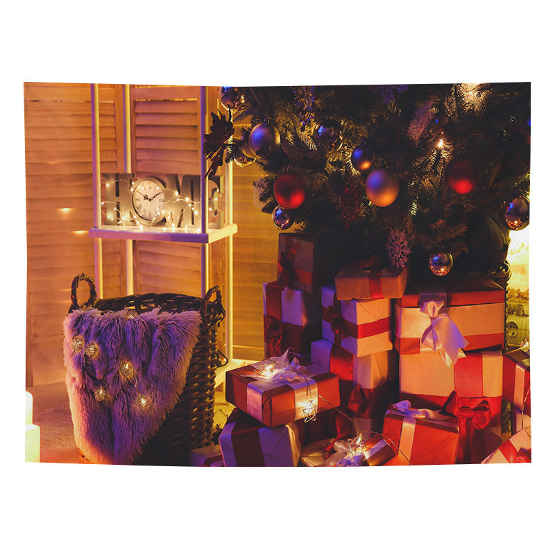 Christmas wall tapestry with a festive scene hanging on the wall - gifts by the window