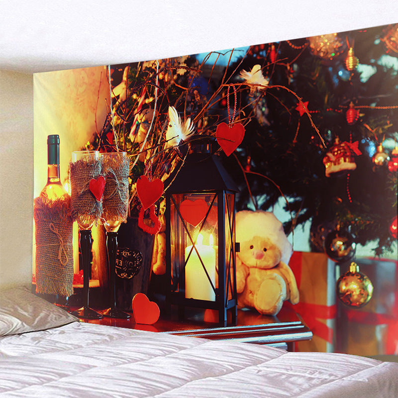 Christmas wall tapestry with a festive scene hanging on the wall