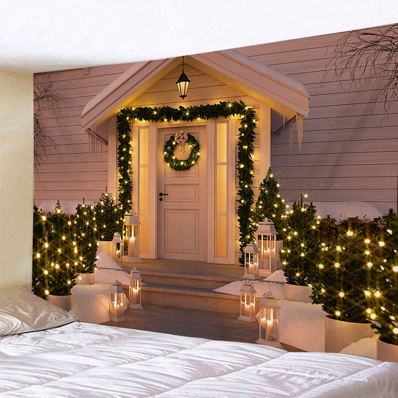 Christmas wall tapestry with a festive scene hanging on the wall