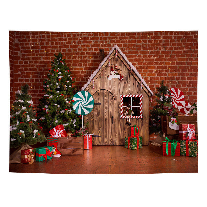 Christmas wall tapestry with a festive scene hanging on the wall - christmas cabin