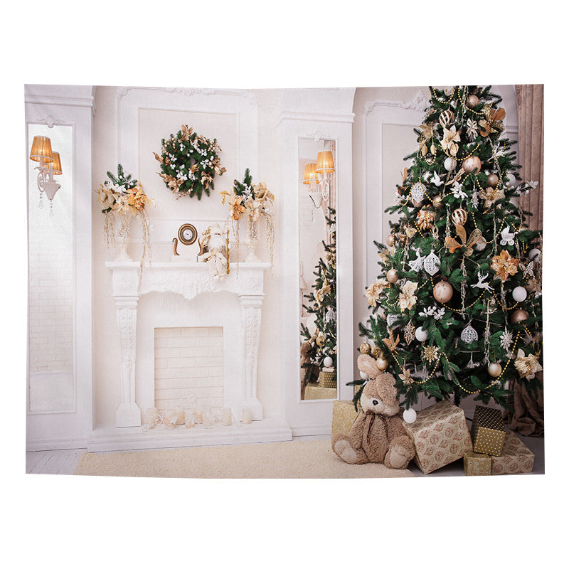 Christmas wall tapestry with a festive scene hanging on the wall - white mantel with tree