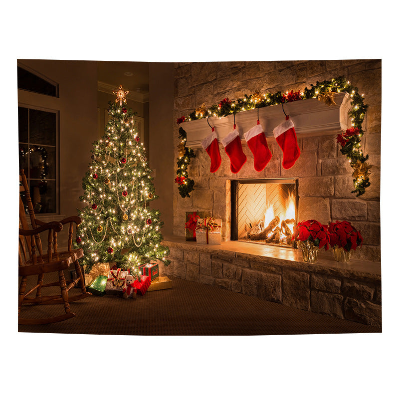 Christmas wall tapestry with a festive scene hanging on the wall - fireside stockings