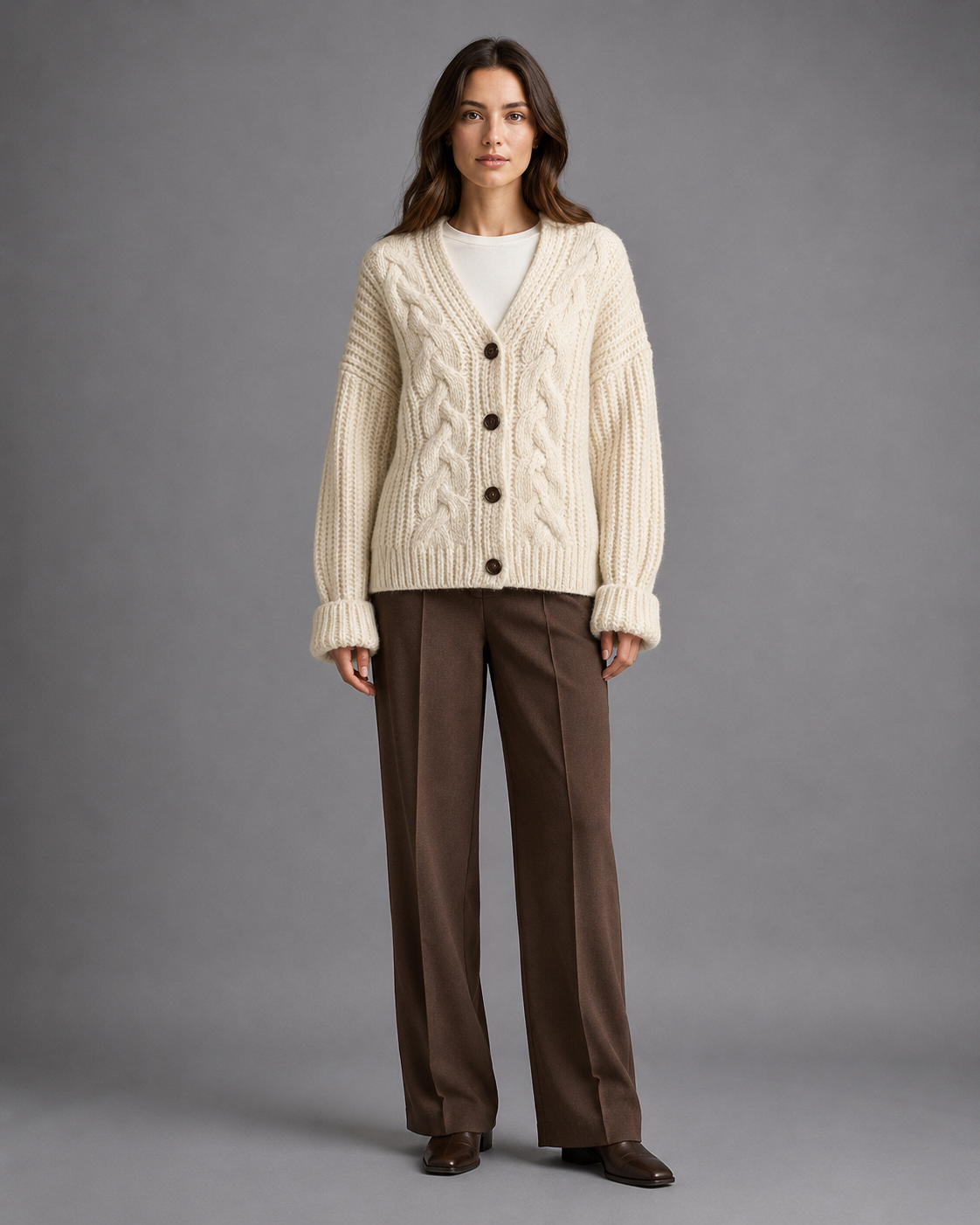 Women's chunky cable knit cardigan with a V-neck and dark buttons - cream