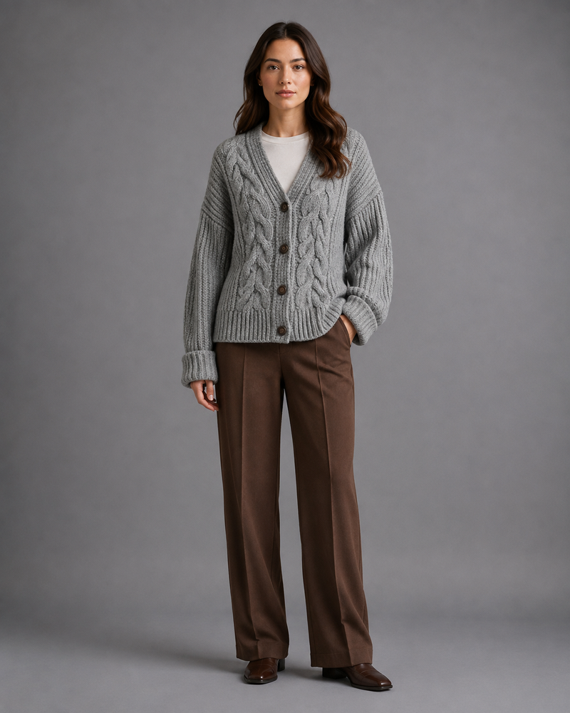Women's chunky cable knit cardigan with a V-neck and dark buttons - grey