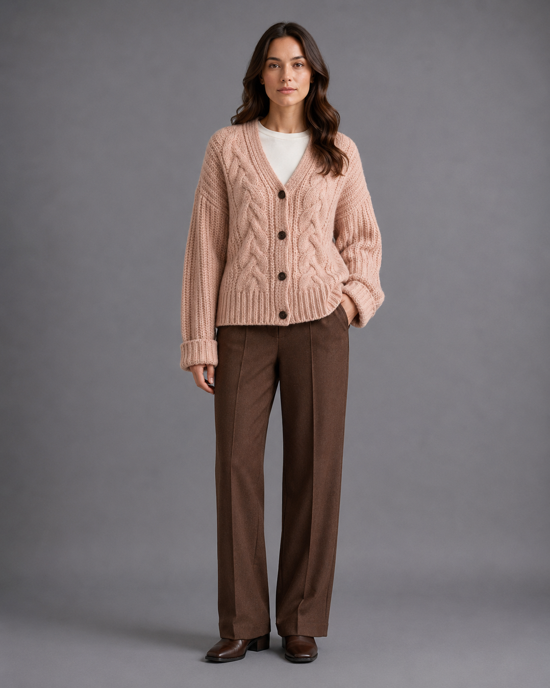 Women's chunky cable knit cardigan with a V-neck and dark buttons - blush pink