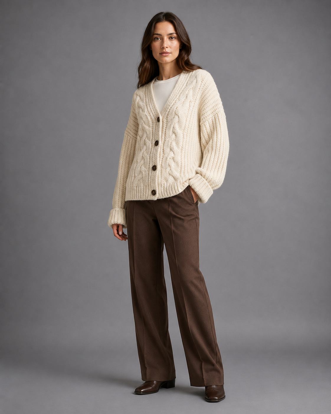 Women's chunky cable knit cardigan with a V-neck and dark buttons