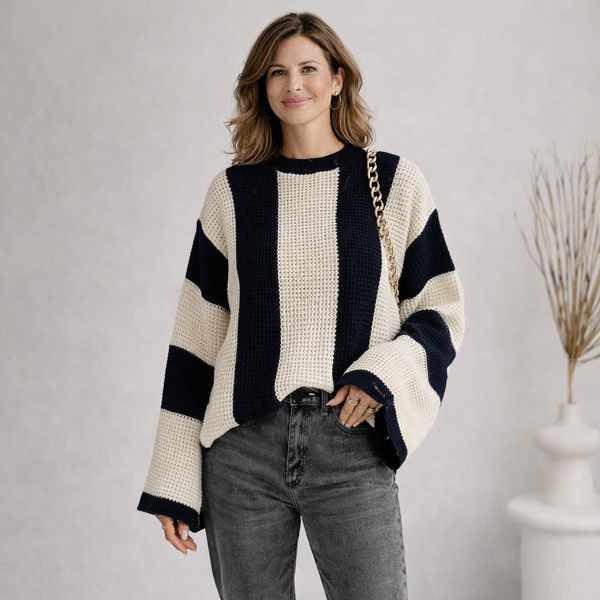 Women's chunky knit jumper with bold stripes and wide sleeves - cream/navy