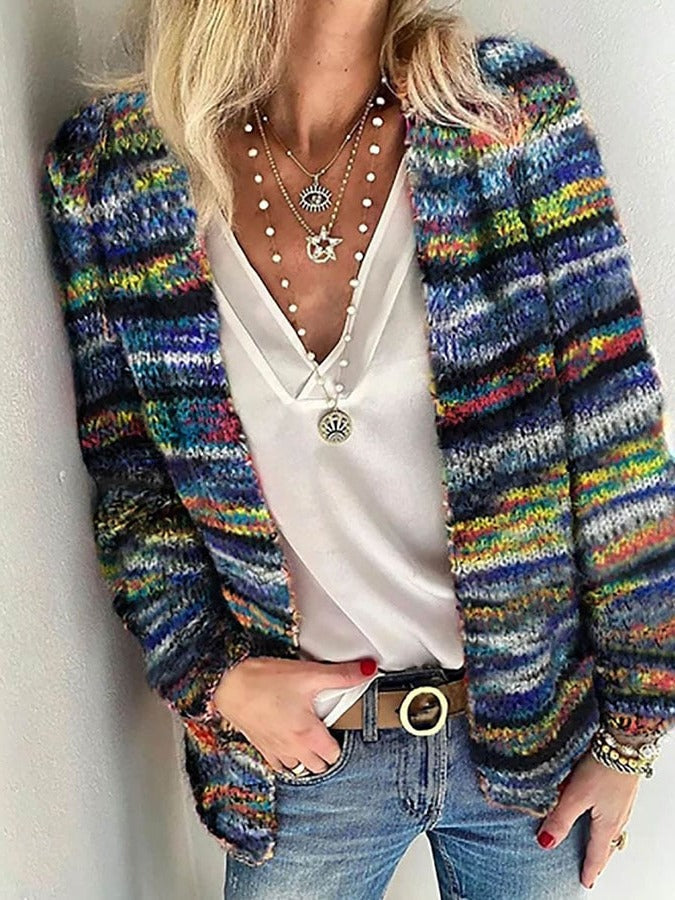 Women's chunky knit open front cardigan with multicolour stripes - blue stripe